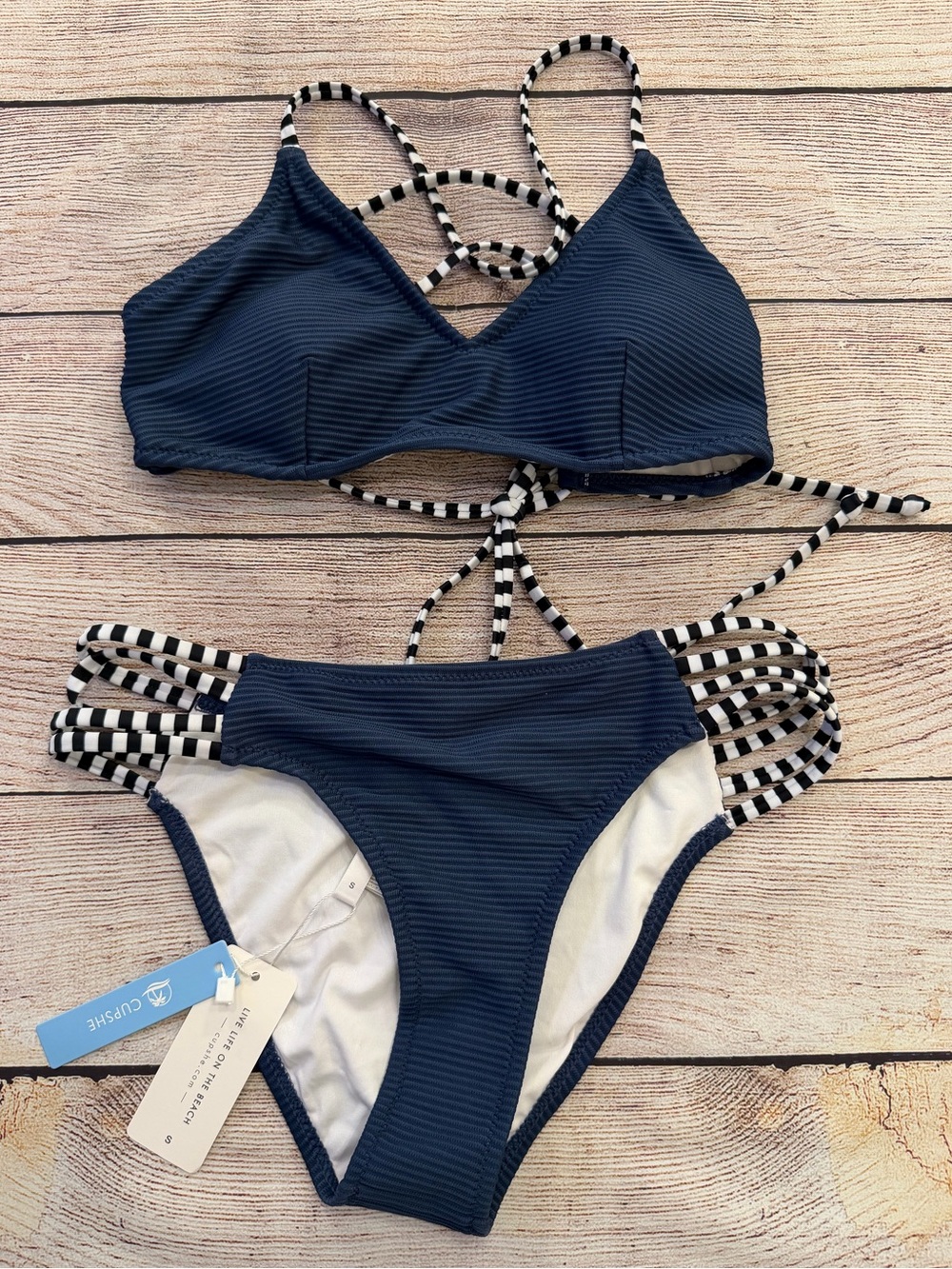 Cupshe Navy Blue Ribbed and Strappy Bikini - Small